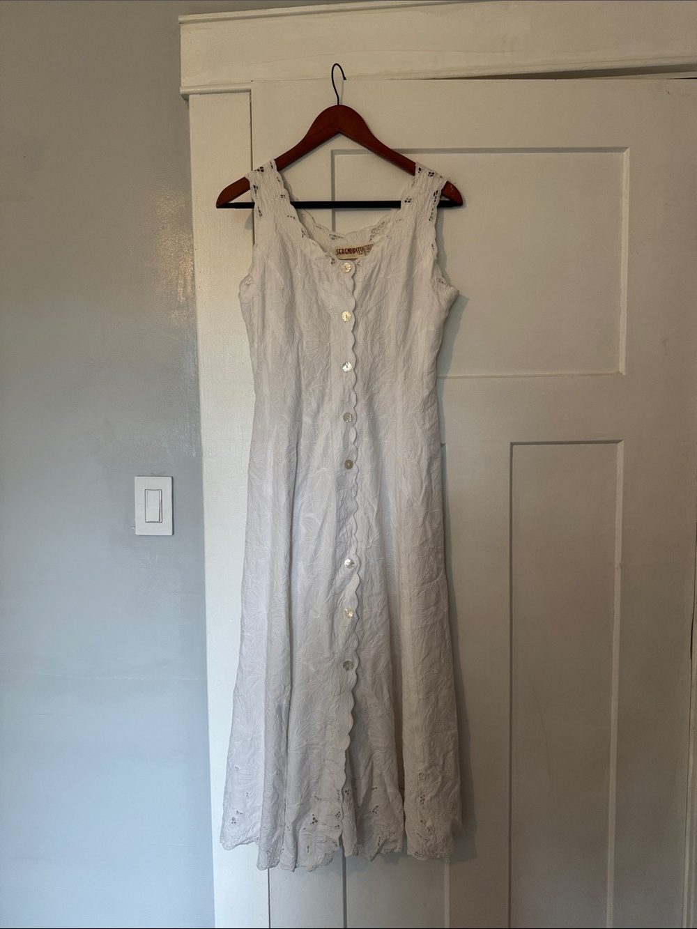 Vintage White Eyelet Button-Front Midi Dress